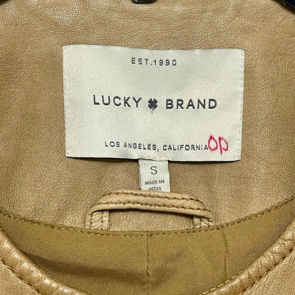 Lucky Brand Tan Leather Moto Jacket W/ Zipper Details Size S - Picture 7 of 12